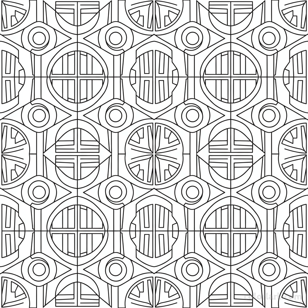 Black and white line art of an abstract geometric pattern integrating mushroom caps and stems into angular shapes, for coloring.