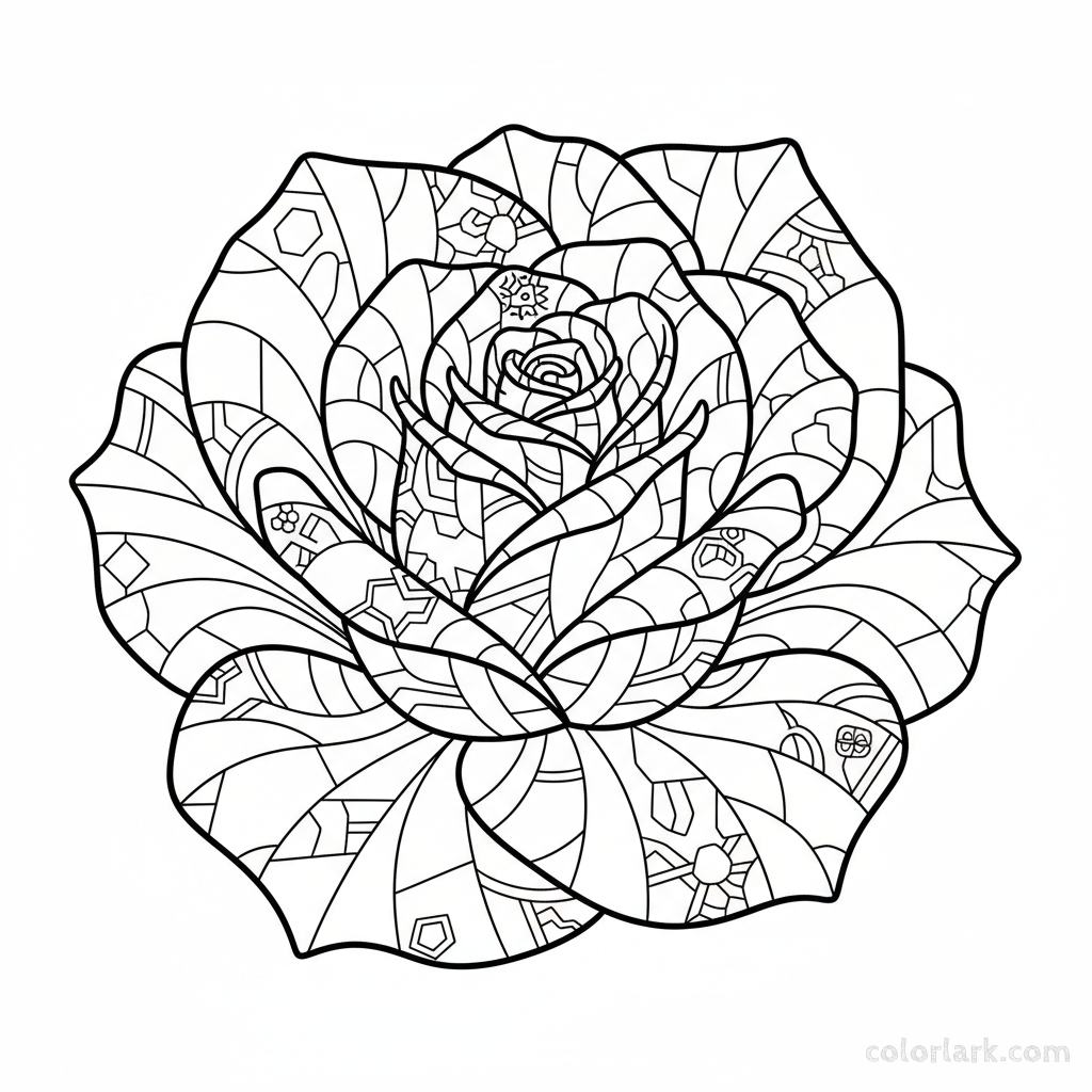 Black and white line art of abstract rose petals rendered with geometric patterns and sharp lines