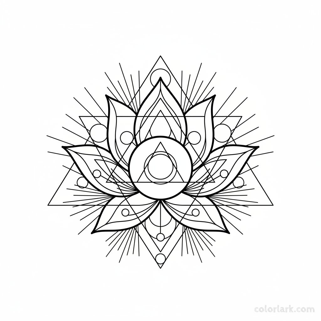Black and white line art of an abstract lotus flower blended with geometric shapes.