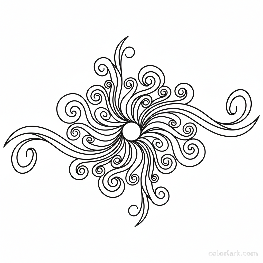 Black and white line art of an abstract swirl Rakhi design with flowing, interconnected spirals for modern artists to color.