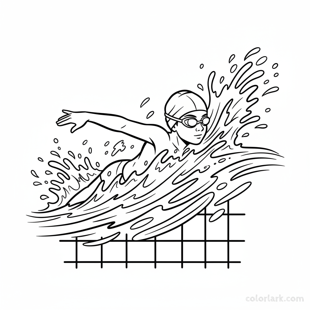 Black and white line art action shot of a child swimming freestyle in a pool, wearing a swim cap and goggles.