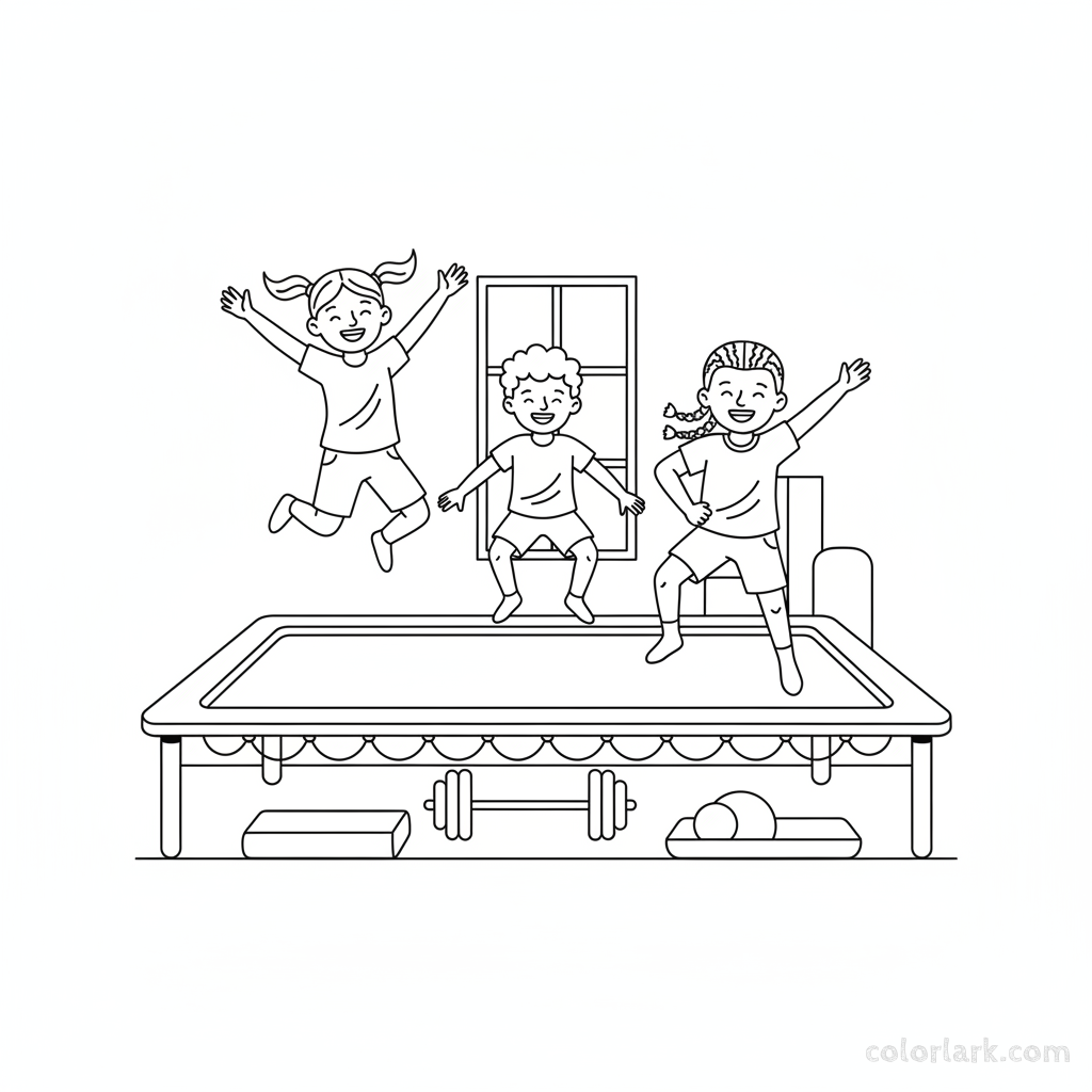Black and white line art of active children engaged in trampoline fun and fitness on a large trampoline.