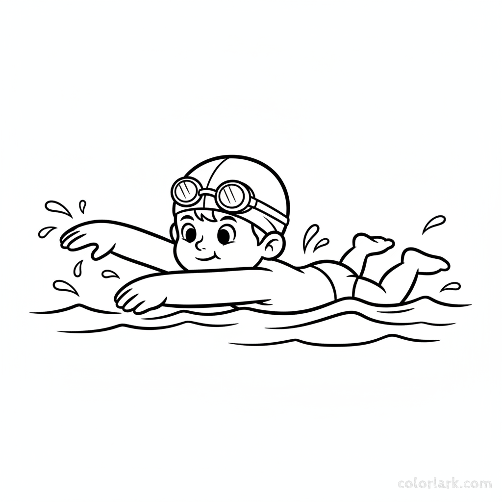 Black and white line art of an active preschooler learning freestyle swimming in a pool, wearing a swim cap and goggles.