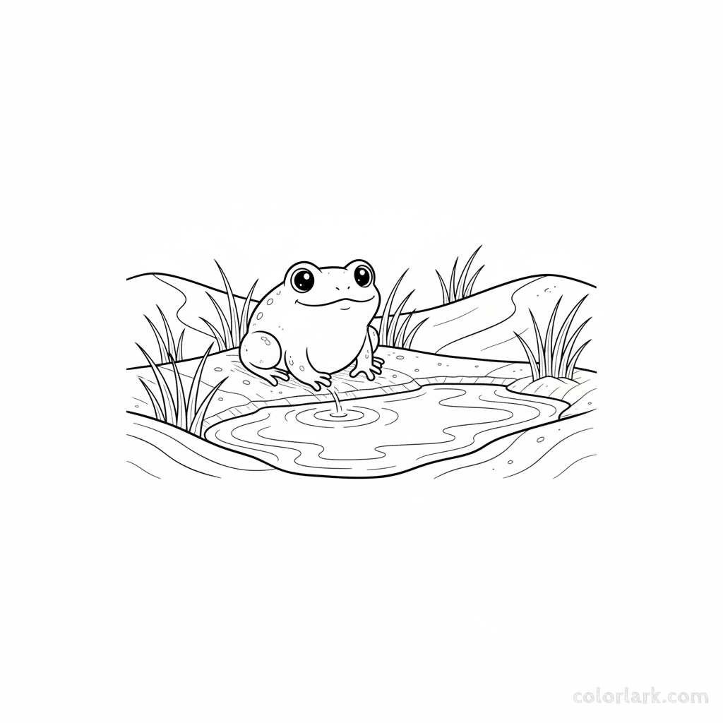 Line art of an adorable frog exploring a sandy dune pond.