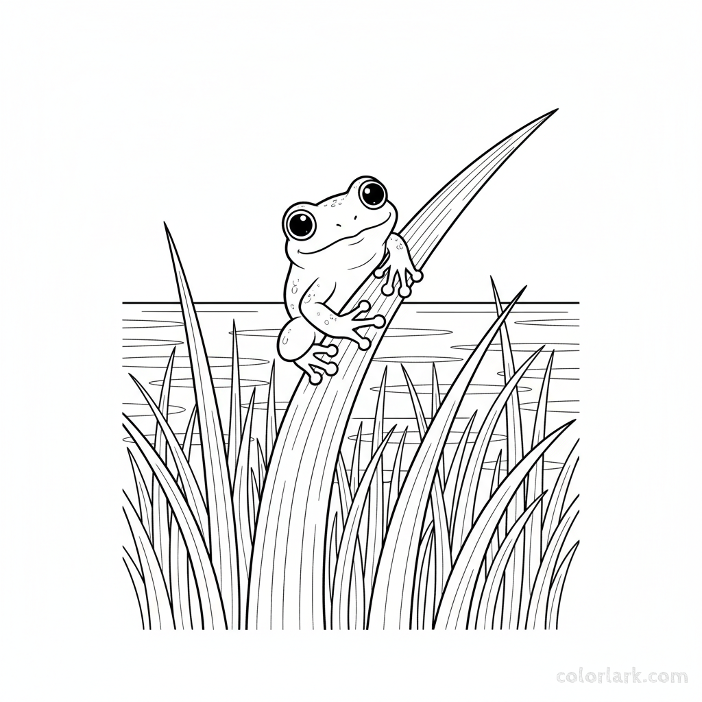 Black and white line art of an adorable frog perched on salt marsh grass.