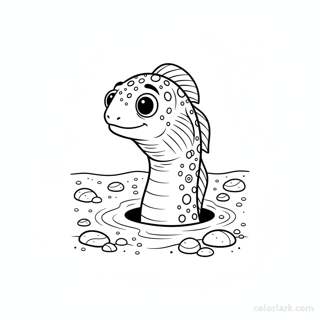 Black and white line art of a single garden eel, with its head and upper body emerging from a round burrow in the textured sandy seabed.