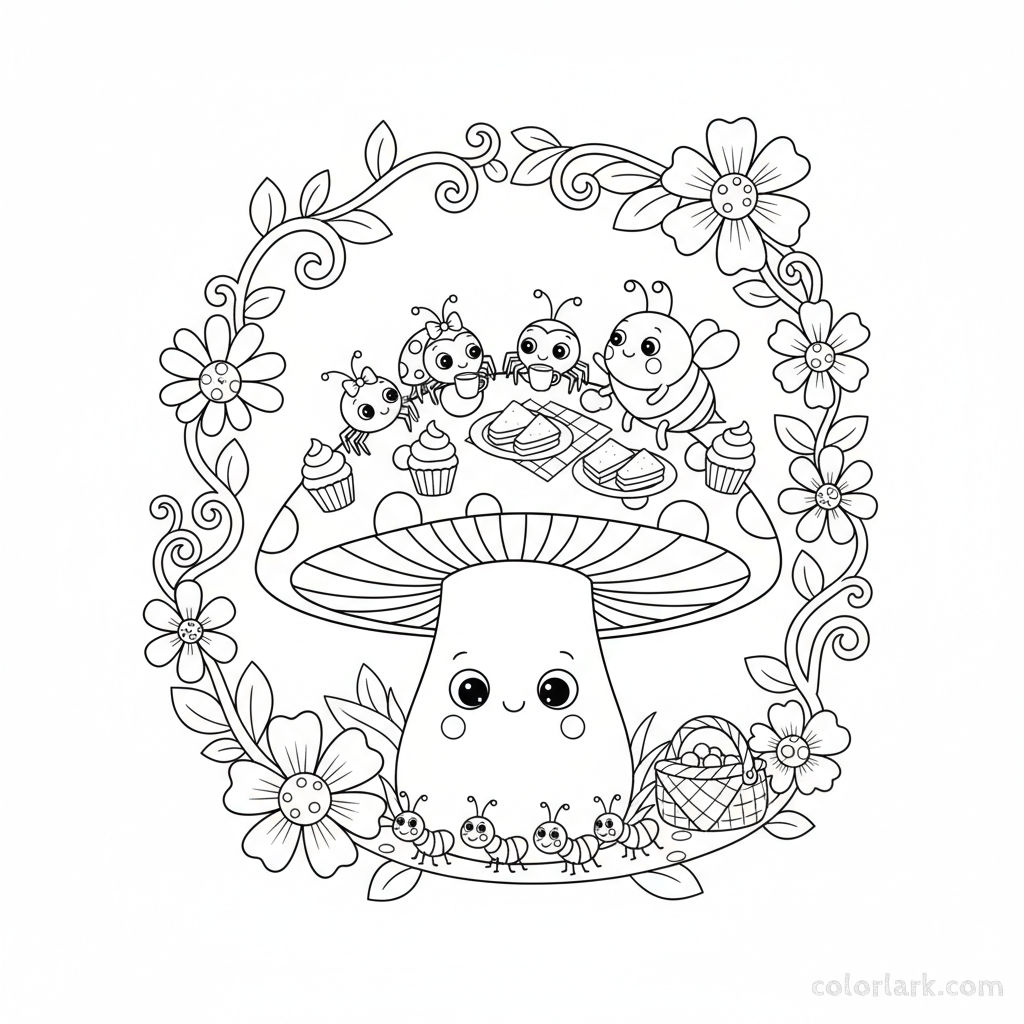Black and white line art of adorable spiders and bugs having a picnic on a giant mushroom, Halloween coloring page.
