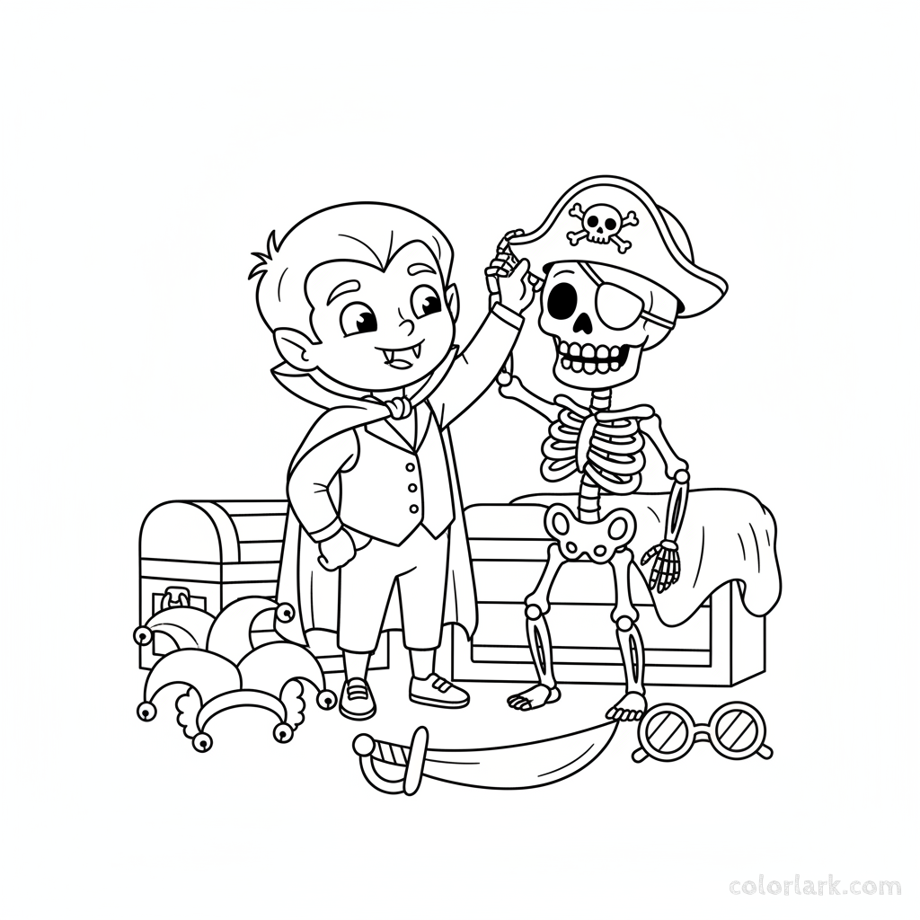 Black and white line art of a cute vampire child and friendly skeleton playing dress-up, Halloween coloring page for kids.