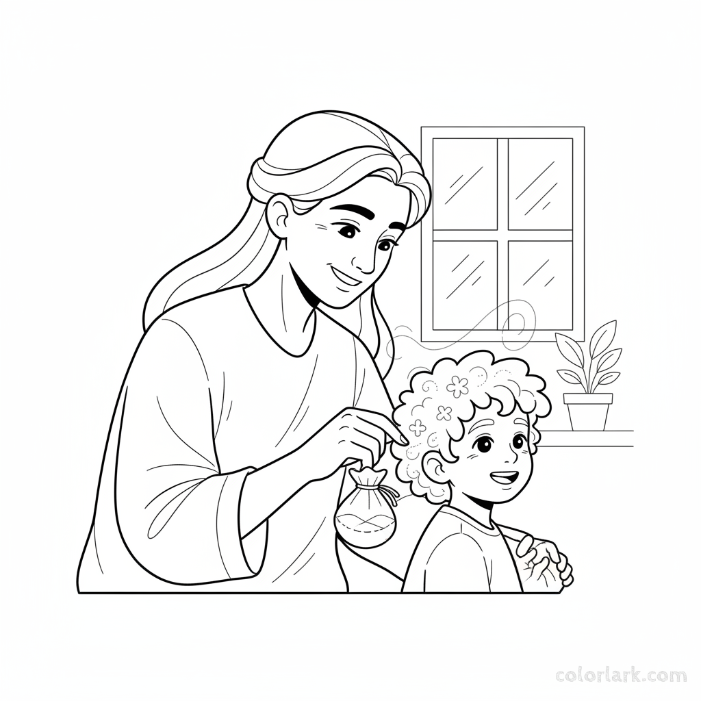 Adult applying gulal to child's hair Holi coloring page