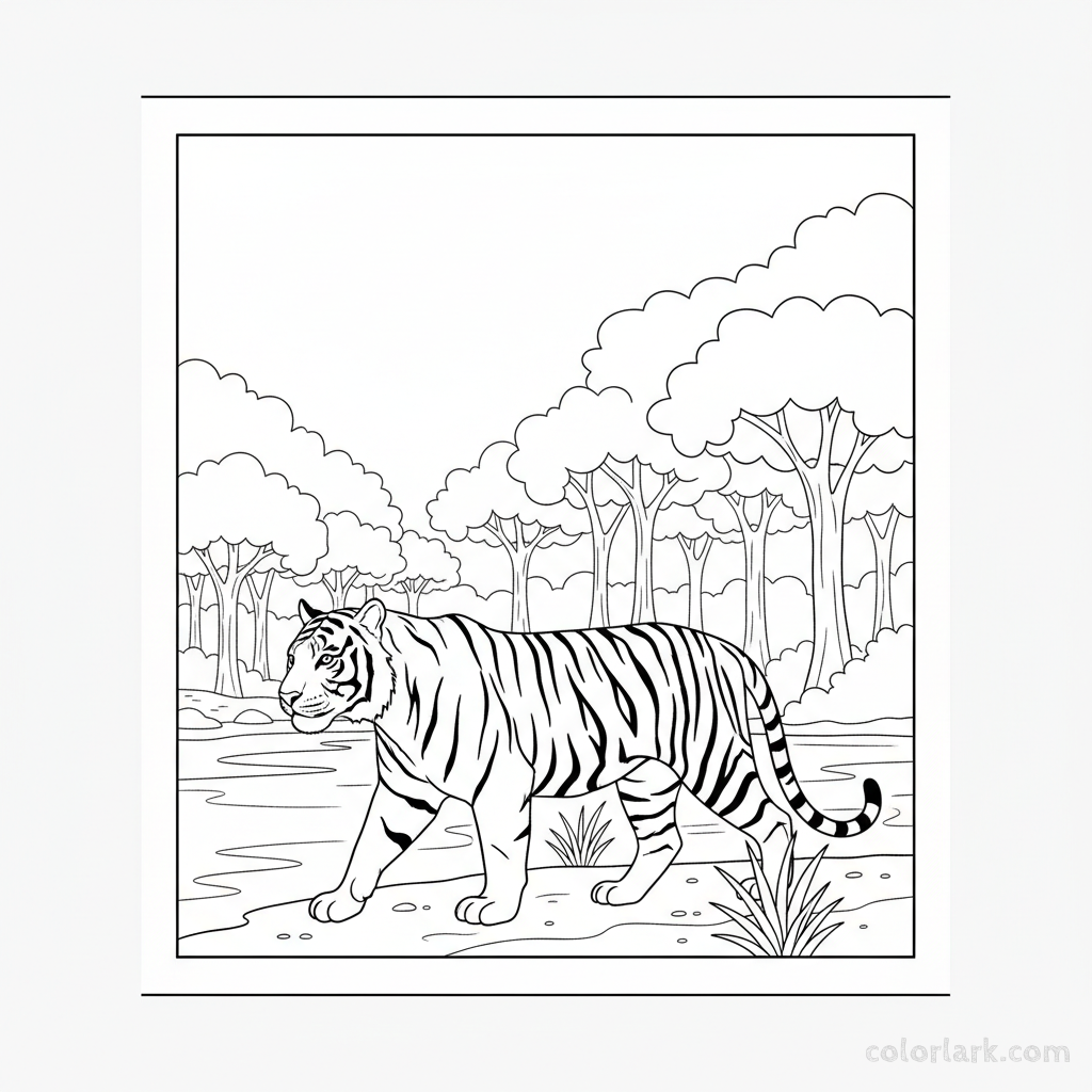 Black and white line art of an adult Indian tiger strolling peacefully along a jungle river bank.