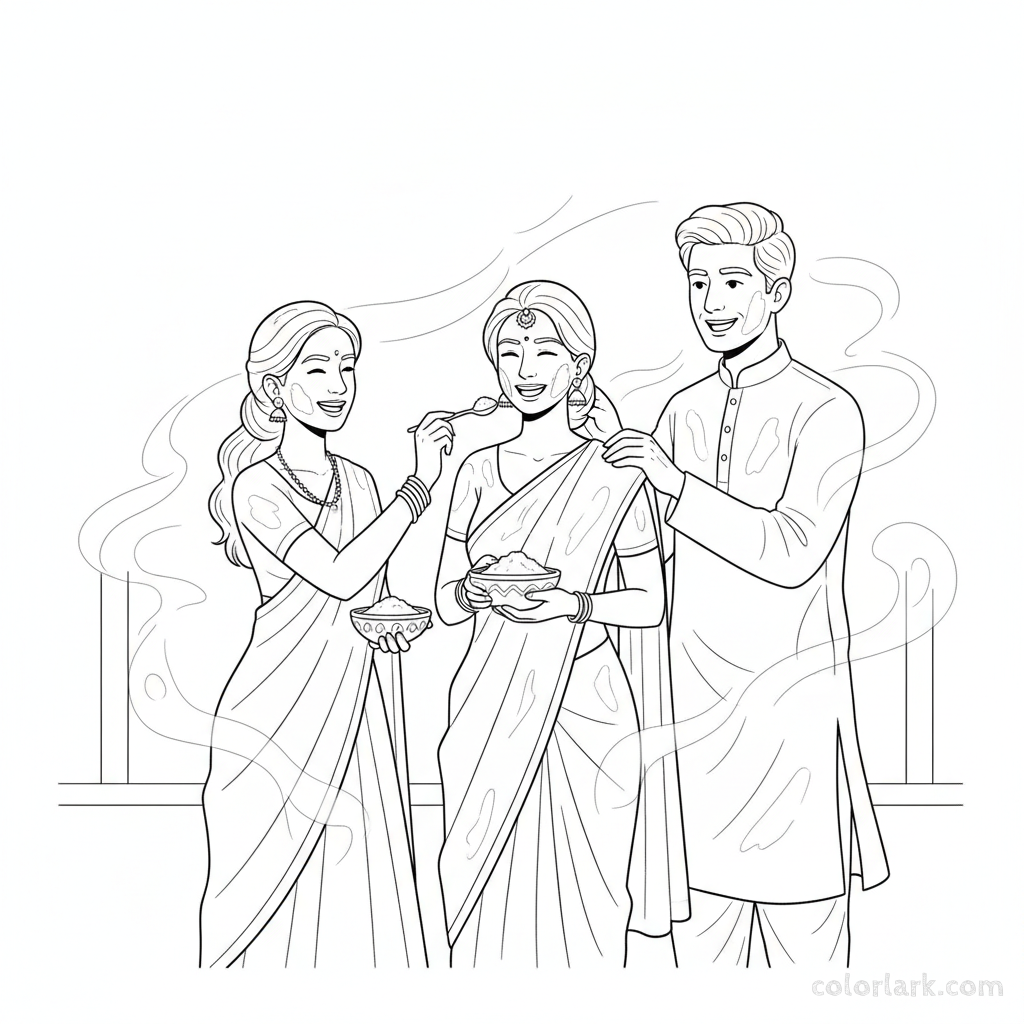 Adults playing Holi with herbal gulal coloring page - Colorlark