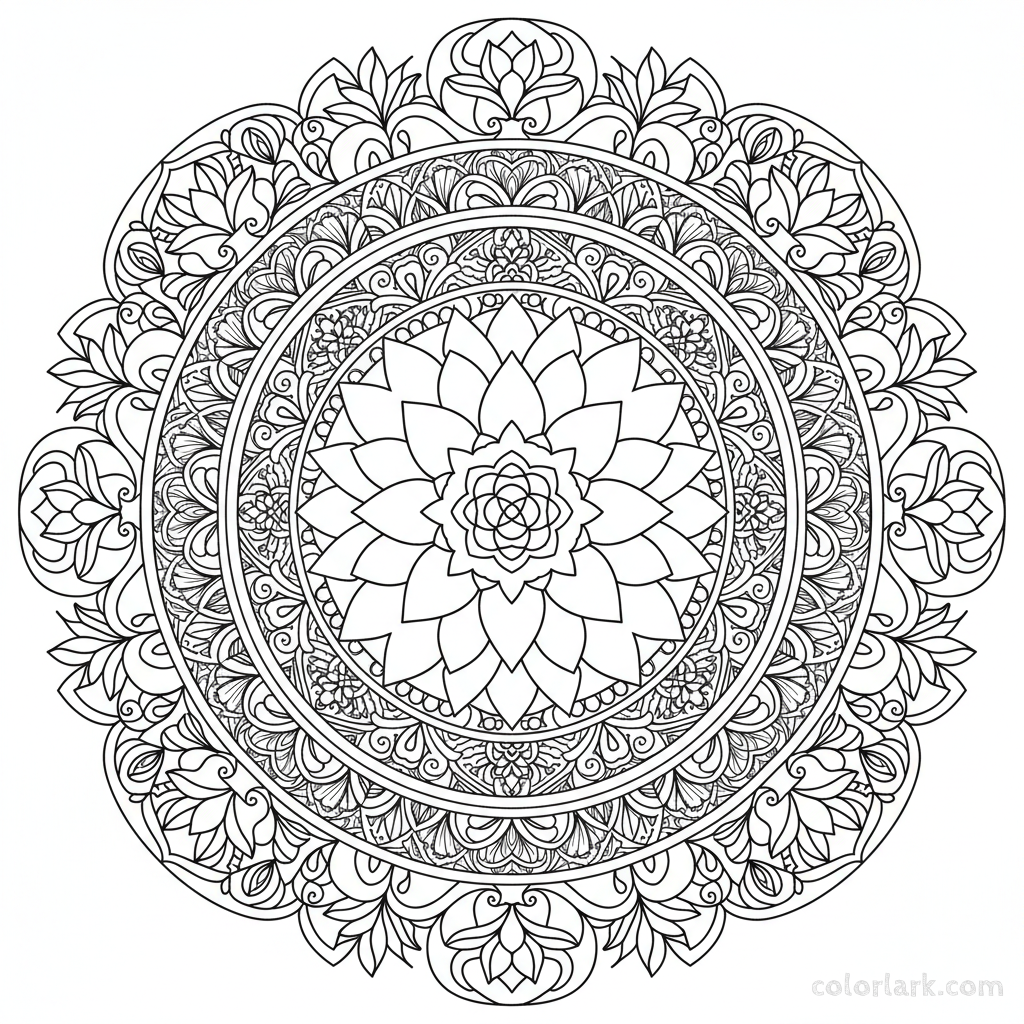 Black and white line art outline of an advanced, complex lotus mandala.