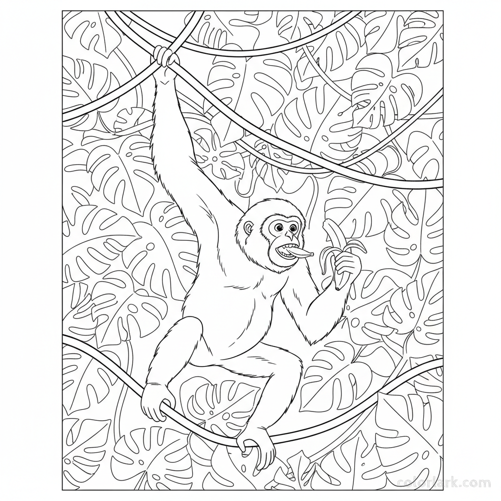 Black and white line art of an agile Gibbon monkey swinging from a vine, eating a banana.