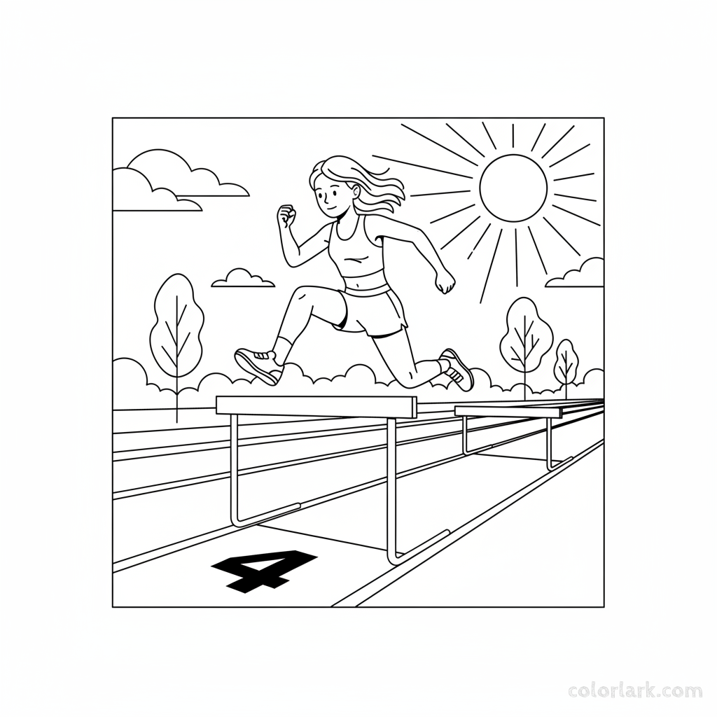 Black and white line art of an agile girl speeding over a series of hurdles on a sunny running track.