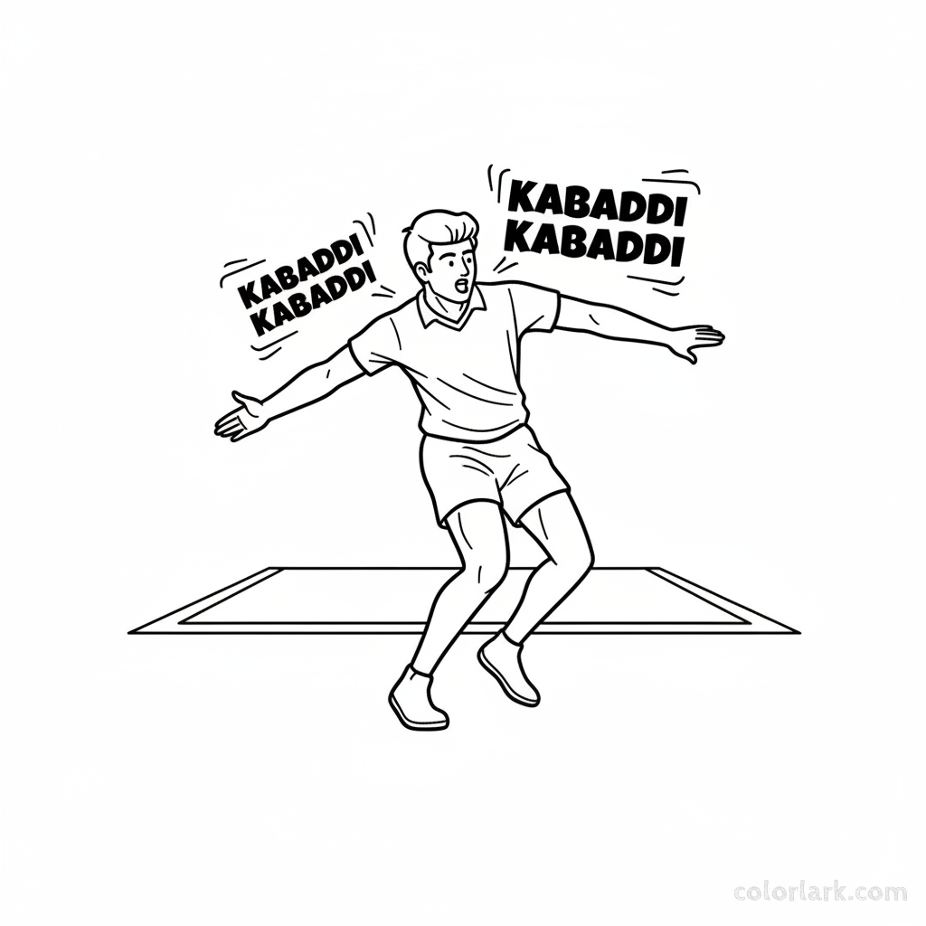 Black and white line art of an agile Indian Kabaddi player chanting 'Kabaddi Kabaddi' during a quick dodge.