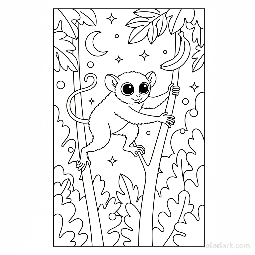 Line art of an agile Tarsier monkey with large eyes, jumping between branches, reaching for a banana in a night jungle setting.