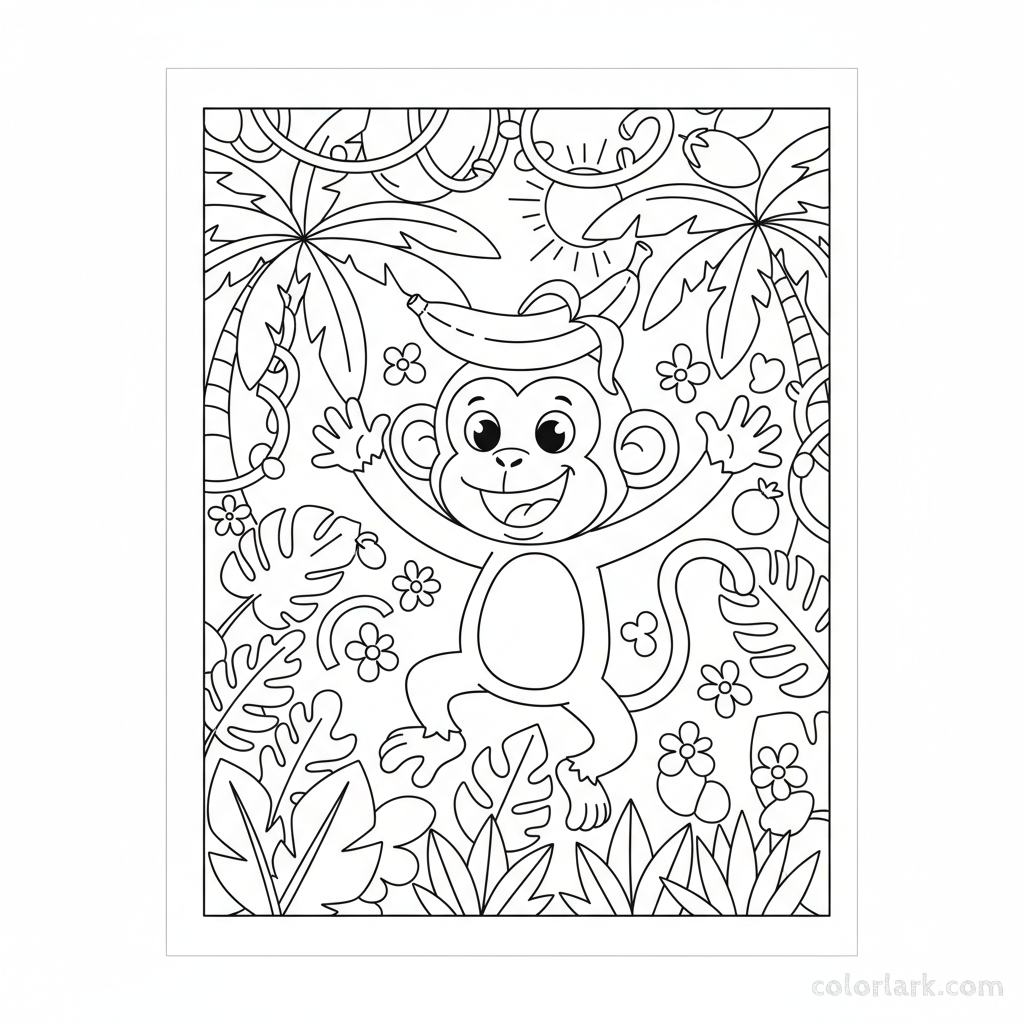 Black and white line art of a comical monkey leaping playfully with a banana balanced on its head like a crown.