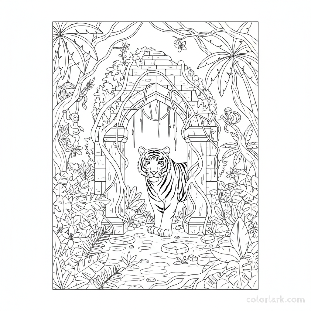 Black and white line art of a tiger peeking through ivy at ancient temple ruins in India