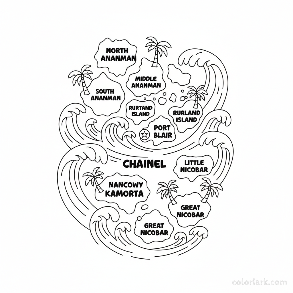 Line art coloring page of the Andaman and Nicobar Islands, showing major islands, Port Blair, and surrounding ocean.