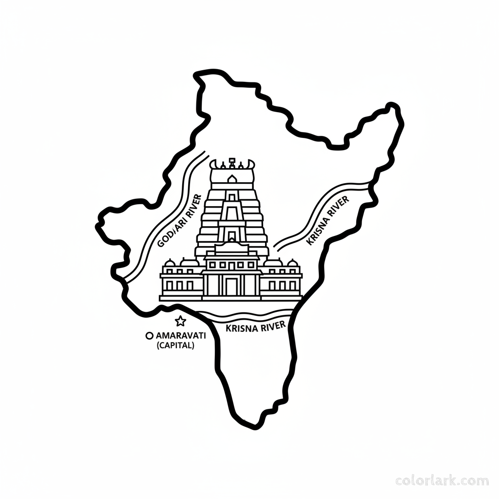 Line art coloring map of Andhra Pradesh state, featuring the Tirupati Temple and major rivers like Godavari and Krishna.