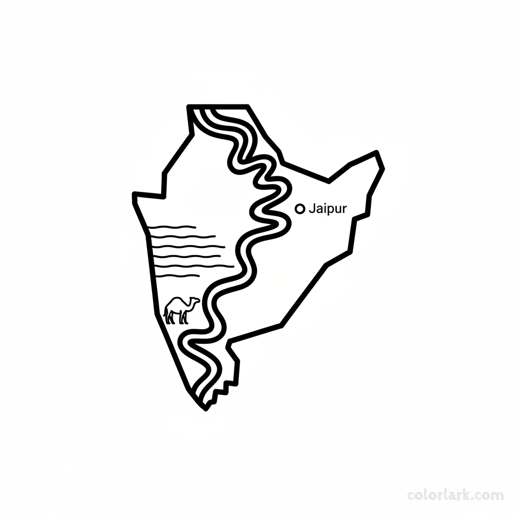 Line art coloring map of the Aravalli Range in Rajasthan, India, showing the mountains within the state's border and desert context.