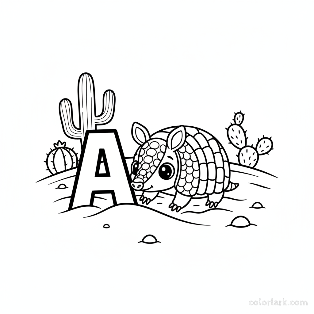Black and white line art of a cute armadillo rolling near the letter A.