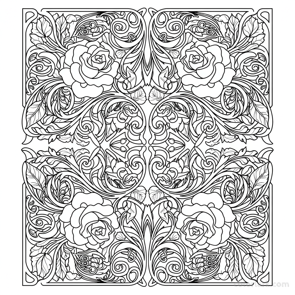 Black and white line art of an Art Nouveau inspired pattern with flowing, stylized roses and foliage