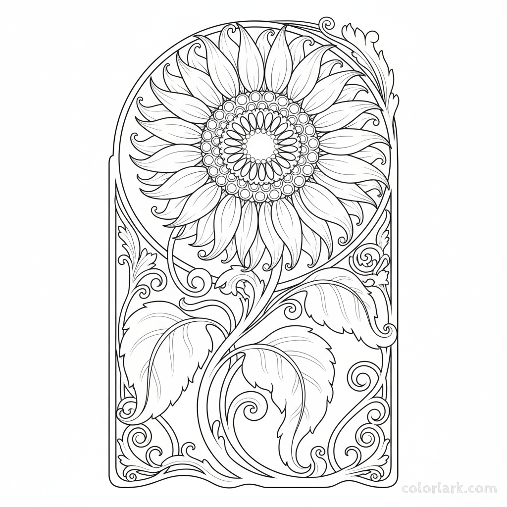 Black and white Art Nouveau style sunflower design with flowing, decorative lines