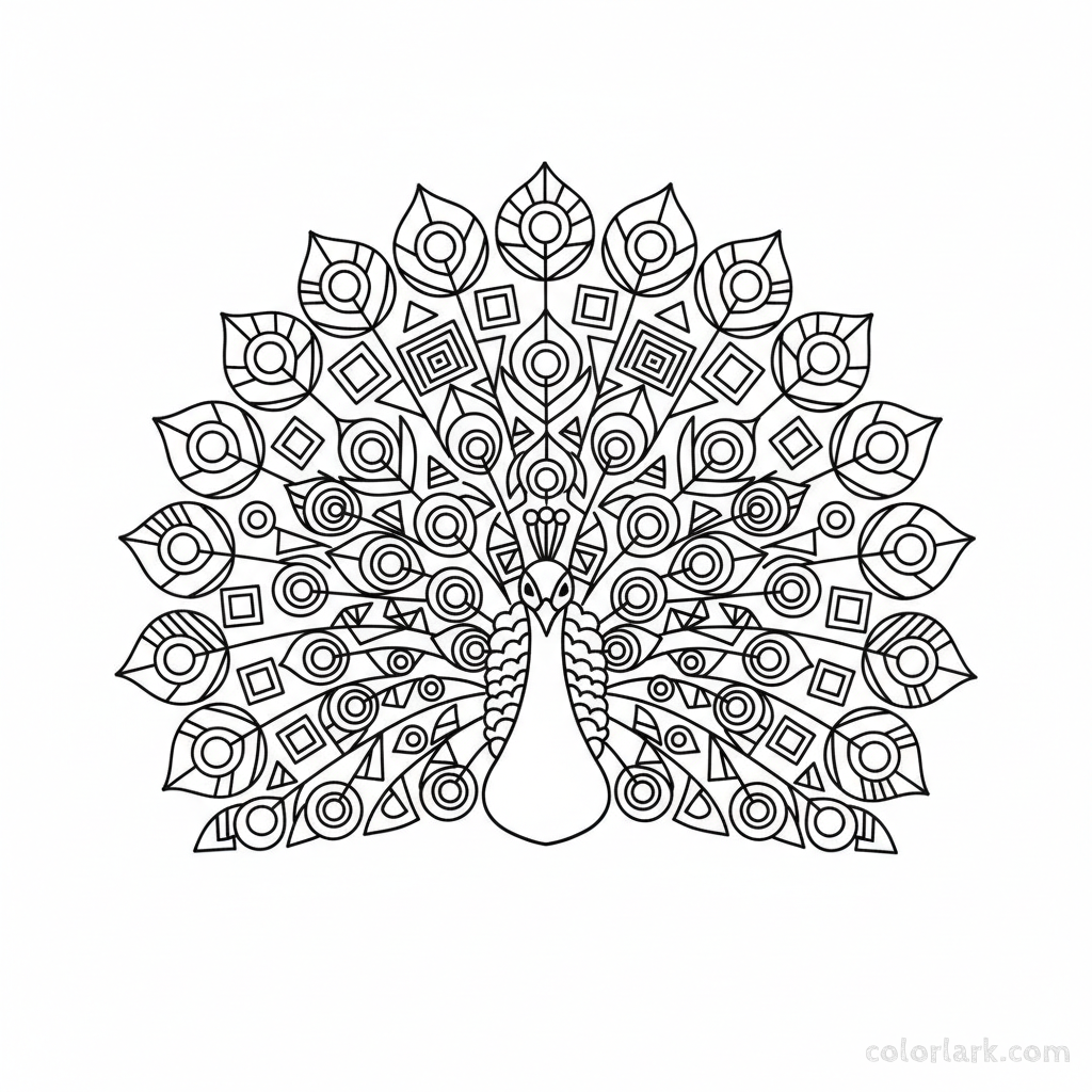 Artistic peacock with geometric feather patterns coloring page - free printable.