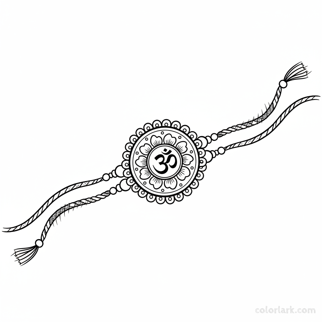 Black and white line art of an artistic pen sketch style Rakhi with varied line weights and cross-hatching for coloring.