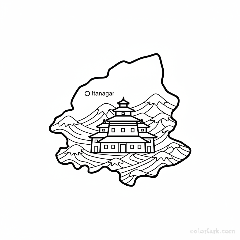 Line art coloring map of Arunachal Pradesh state, featuring Tawang Monastery and its capital Itanagar.