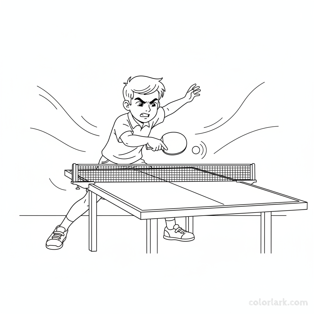 Line art of an aspiring champion boy performing a forehand attack in table tennis.