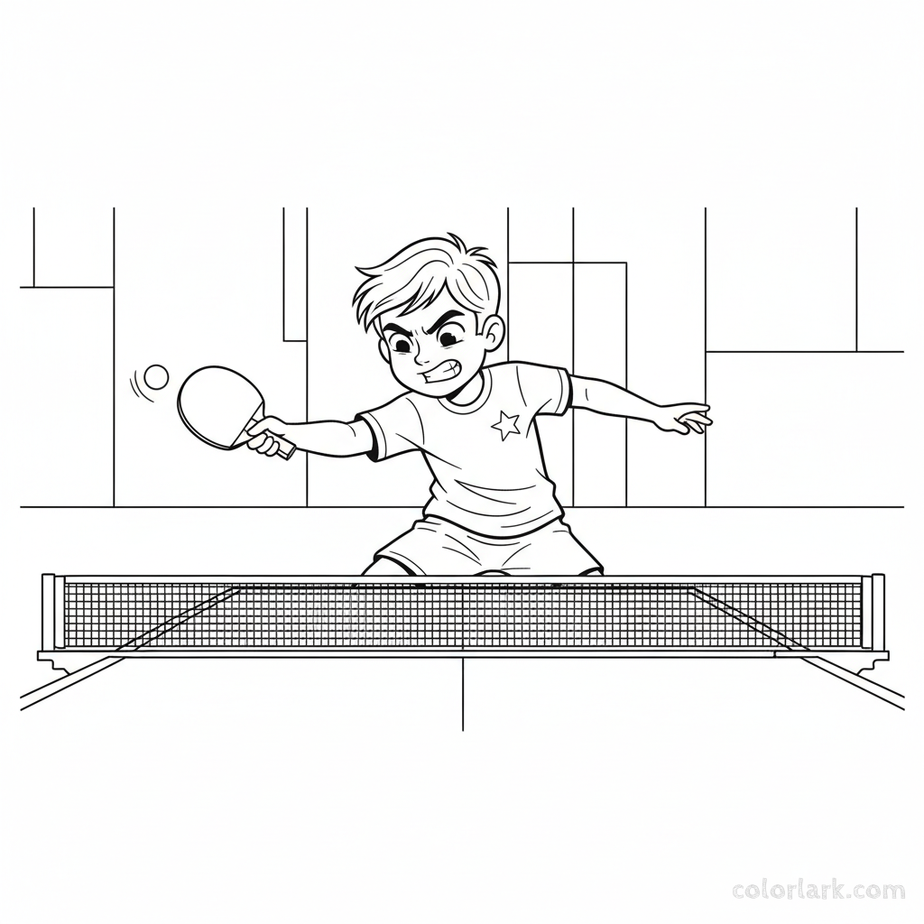 Line art of an aspiring champion boy performing a forehand power shot in table tennis.