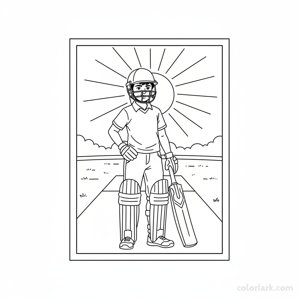 Young Indian boy, an aspiring cricket hero, fully geared with helmet, pads, and bat, standing on a cricket ground.