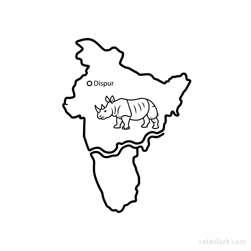 Line art coloring map of Assam state, featuring a rhino representing Kaziranga National Park and the Brahmaputra River.