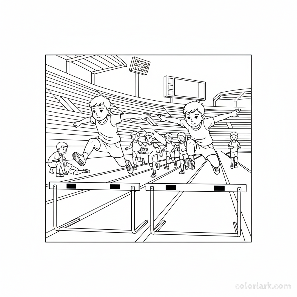 Black and white line art of kids diligently practicing hurdles on a stadium track, 'Athletes in Training'.