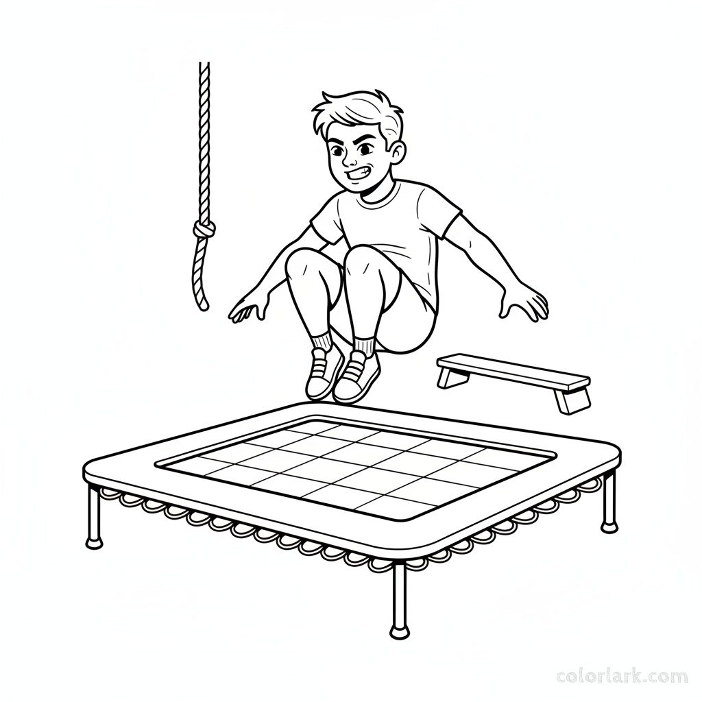 Black and white line art of an athletic boy in a mid-air pose on a kids gym trampoline at a fitness center.