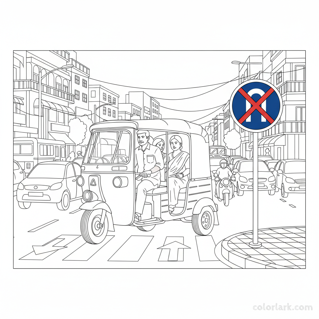 Black and white line art of an Indian auto-rickshaw driver making a legal turn near an Indian u-turn prohibited sign.