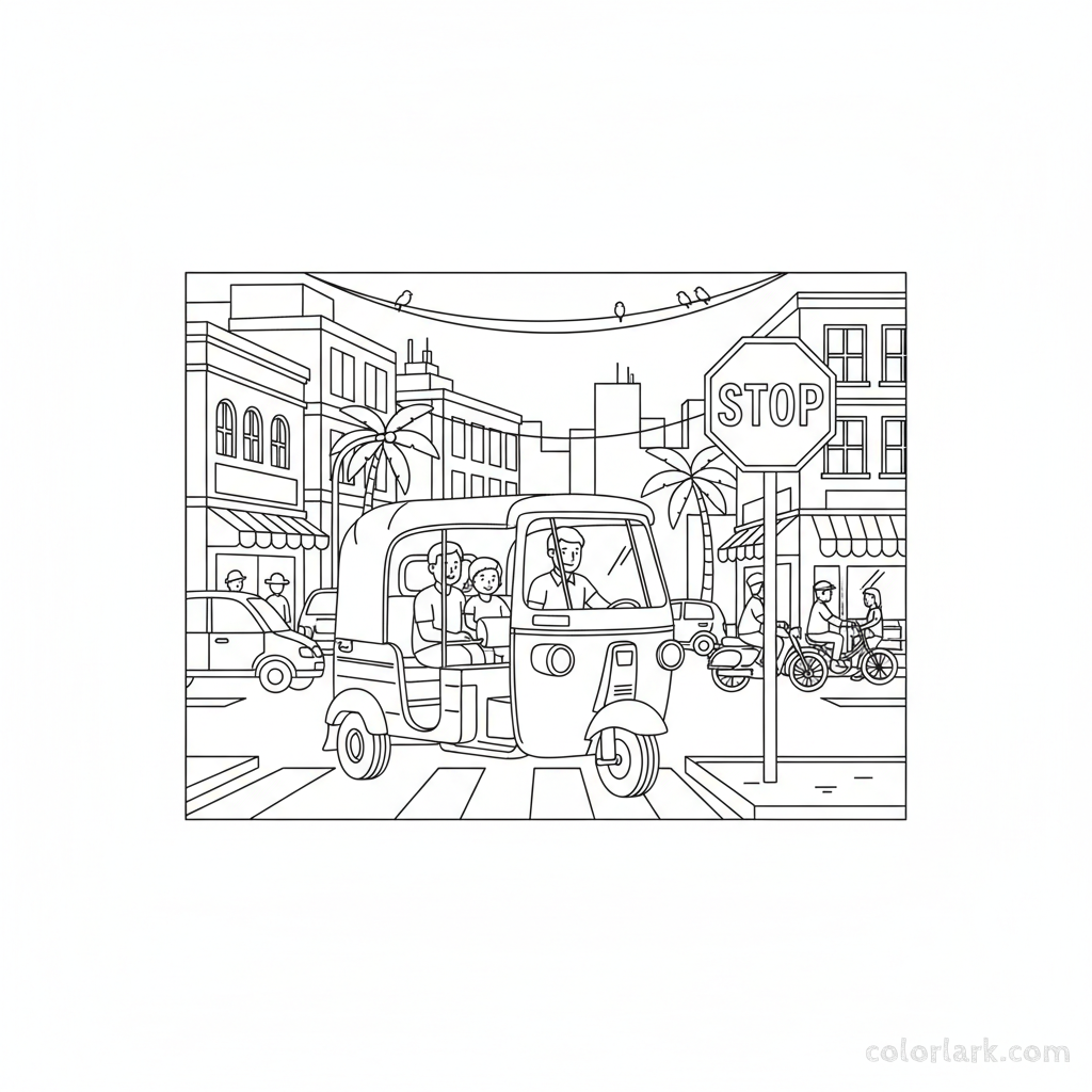 Black and white line art of an Indian auto-rickshaw stopped at an Indian stop sign.