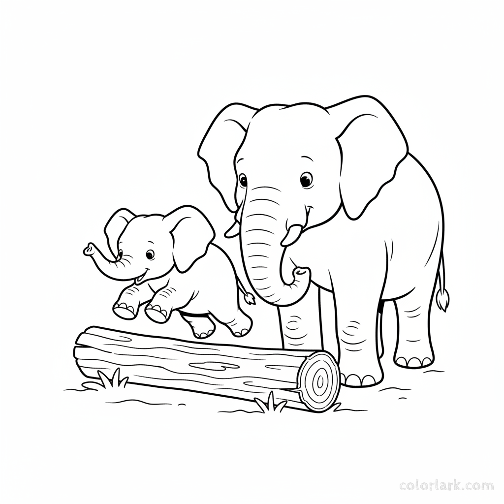 Baby elephant leaps over log, mother watches, free printable coloring page