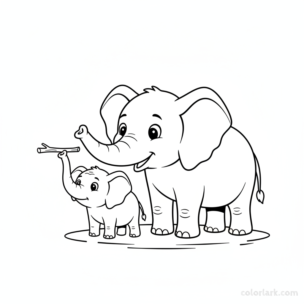 Baby elephant balancing stick on trunk, mother amused coloring page