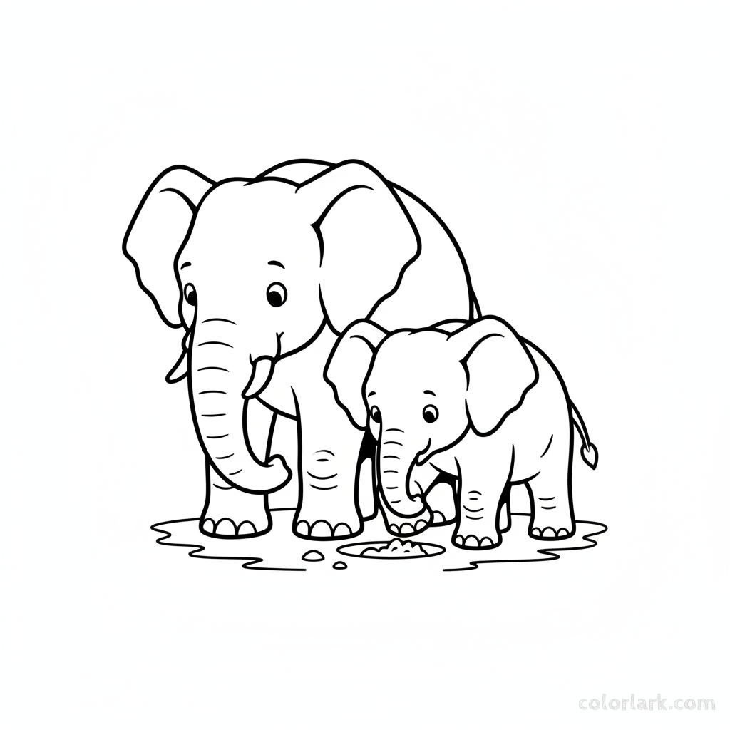 Baby elephant digging hole with mother, demonstrating coloring page.
