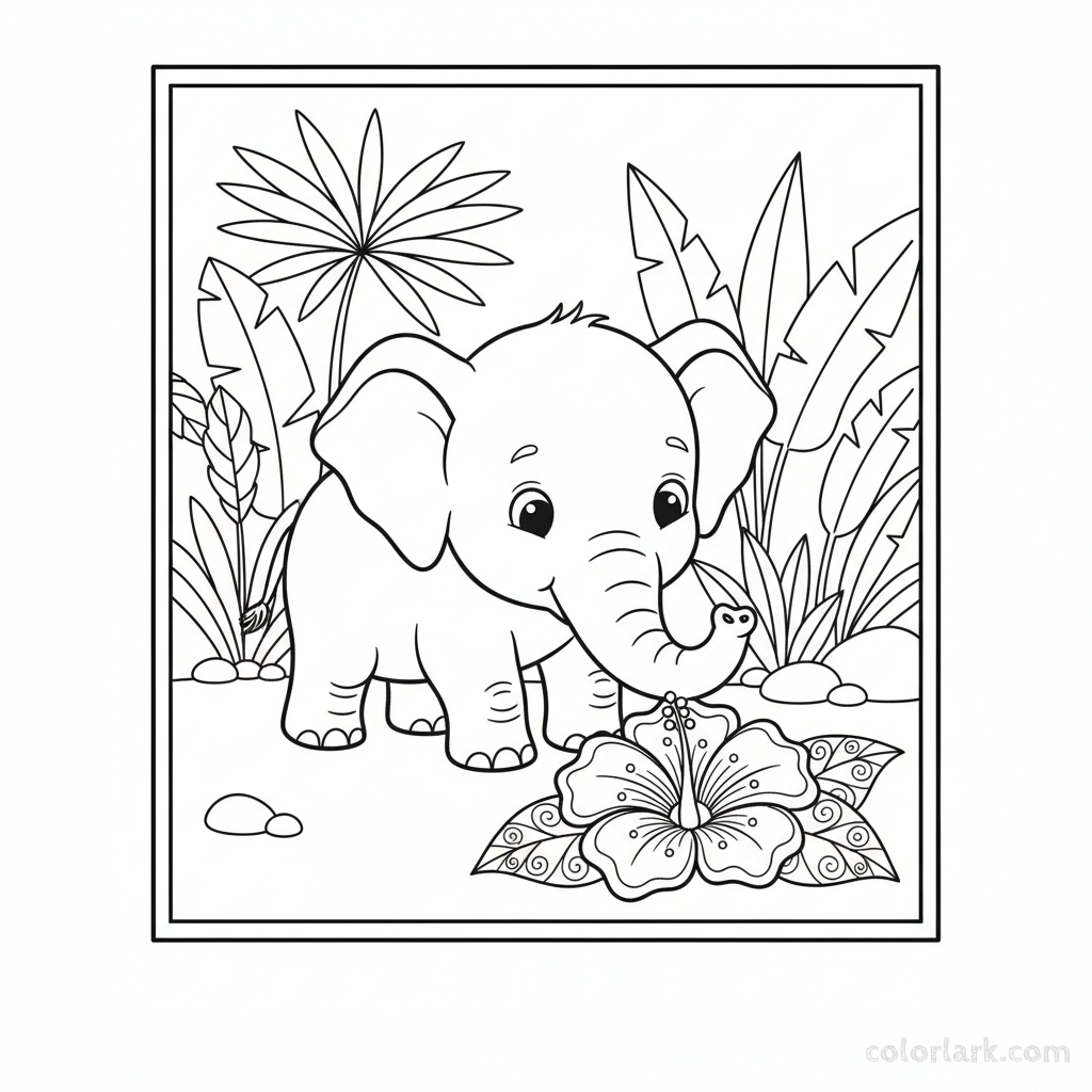 Black and white line art of a baby Indian elephant curiously smelling a jungle flower, with simple jungle foliage in the background.