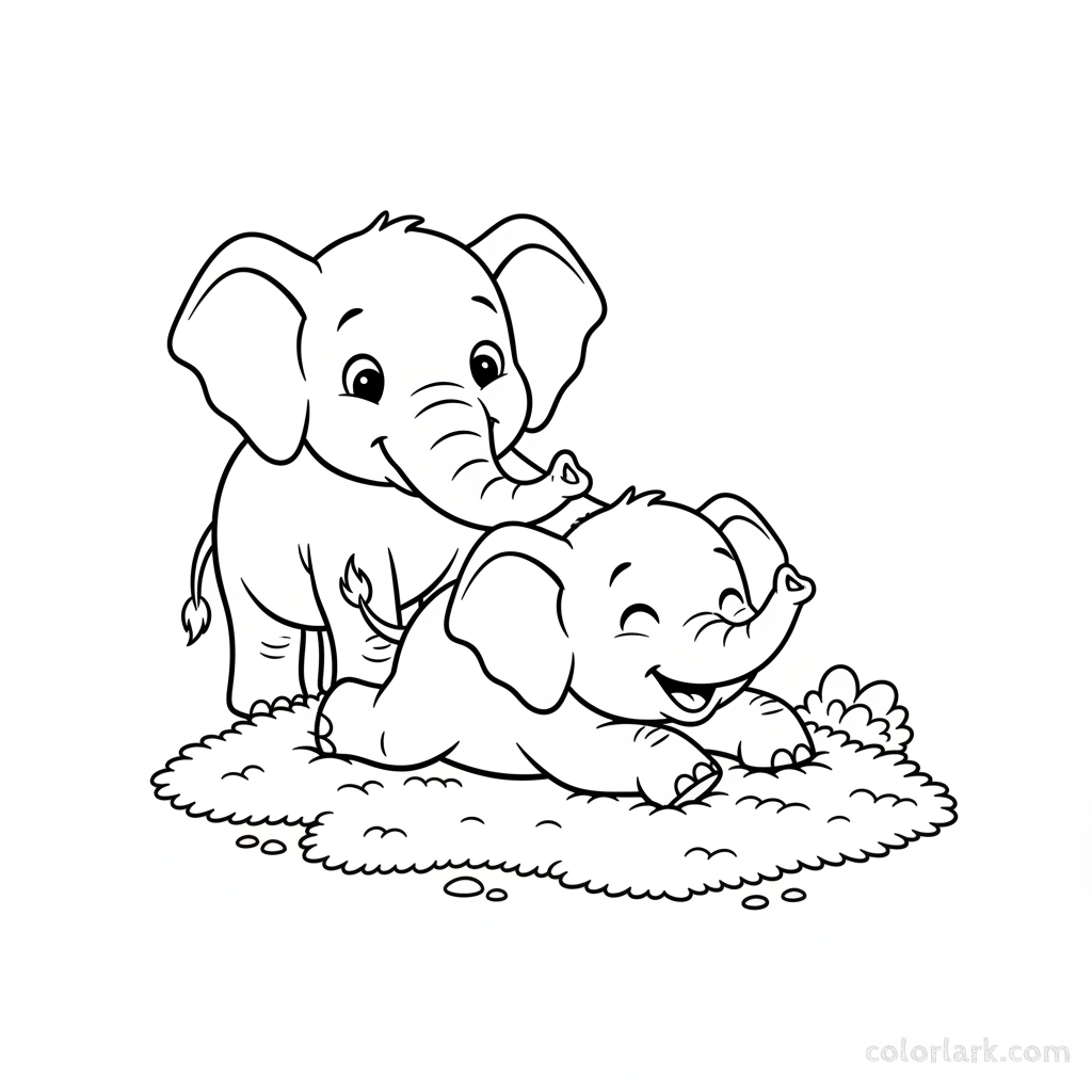 Baby elephant rolling on soft moss coloring page