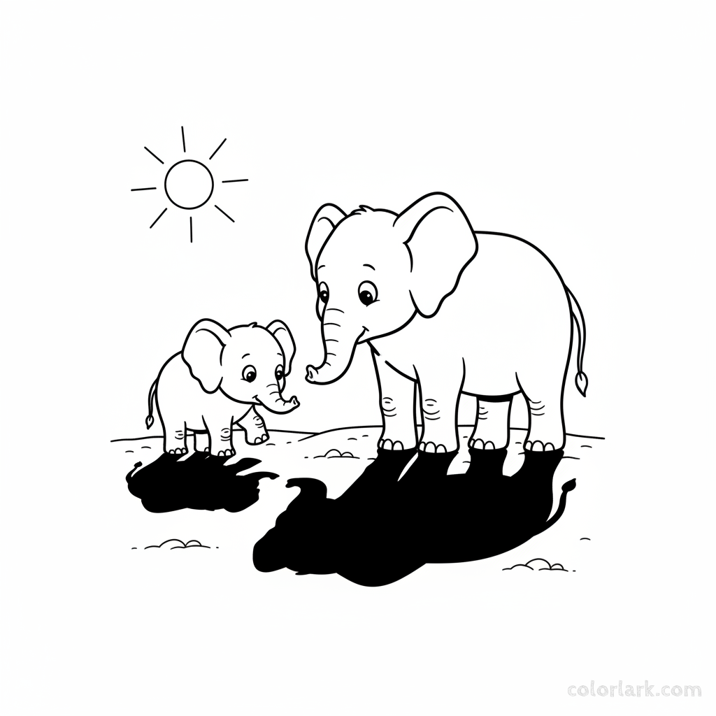Baby elephant studying its shadow, mother elephant nearby, free printable coloring page