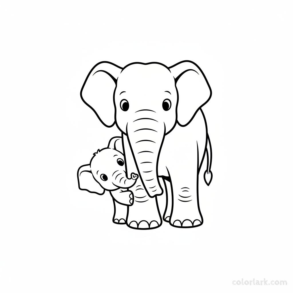 Baby elephant hiding behind mother's leg coloring page