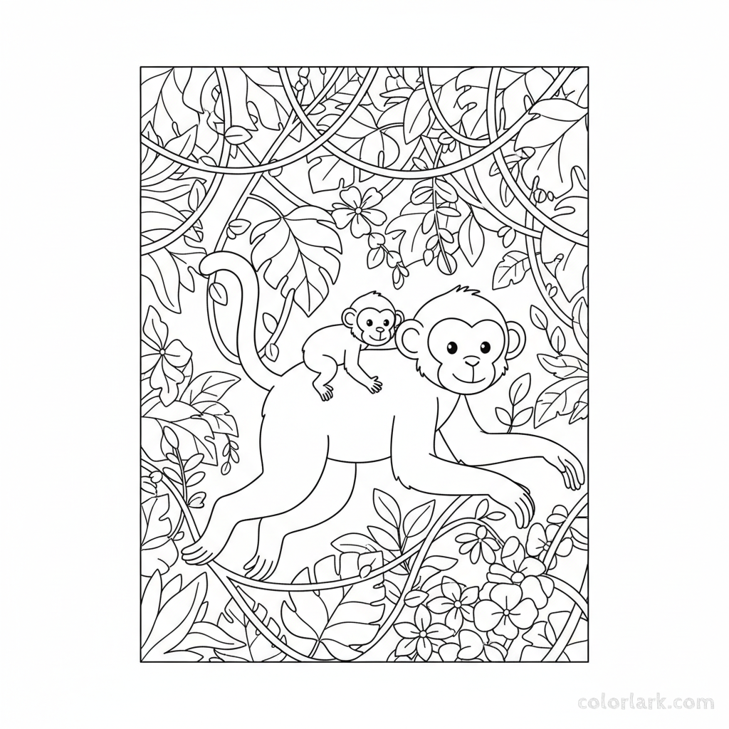 Black and white line art of a baby monkey riding on its mother's back through jungle vines