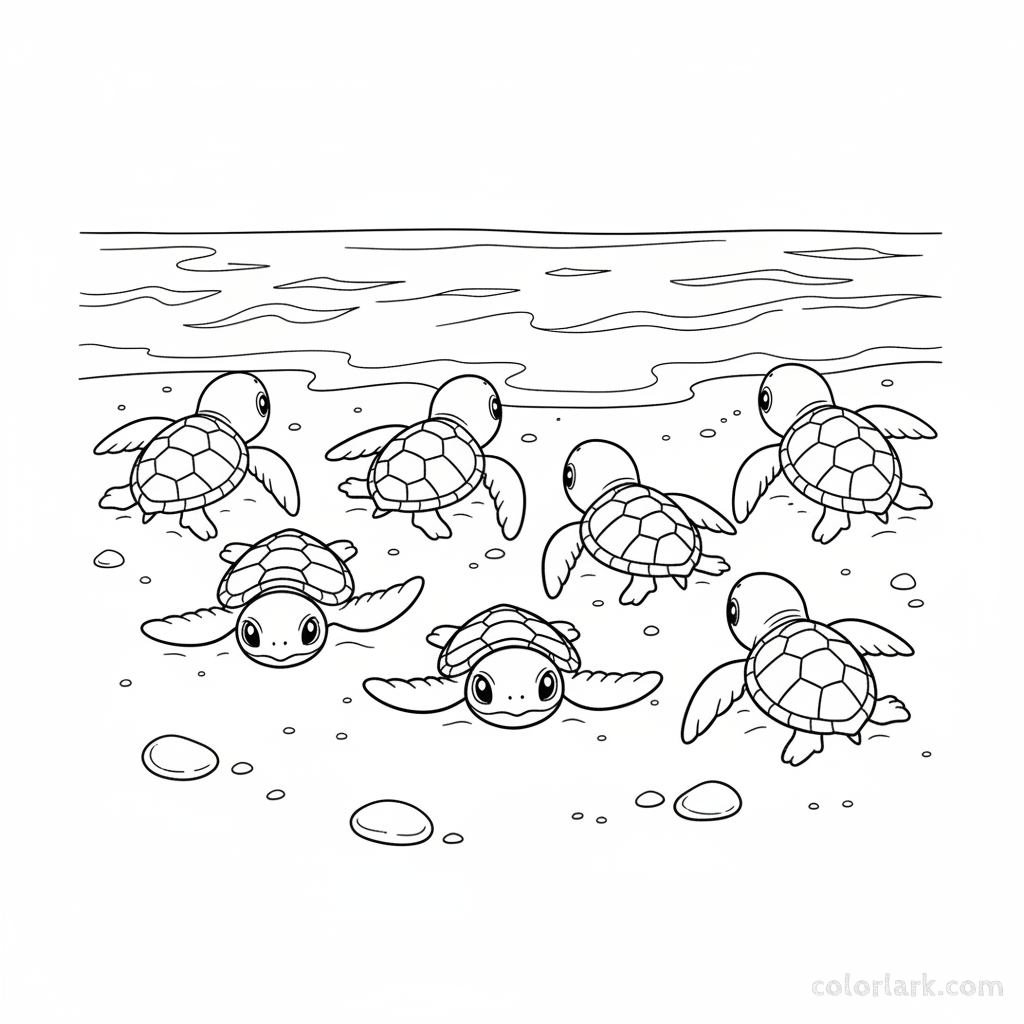 Black and white line art coloring page of baby sea turtle hatchlings racing across sand towards the ocean.