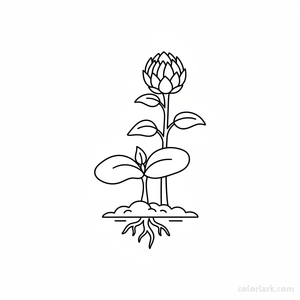 Black and white line art of a baby sunflower sprout and a closed sunflower bud