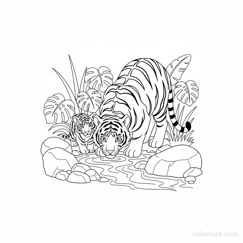 Black and white line art of a baby tiger and mother tiger drinking water from a jungle stream